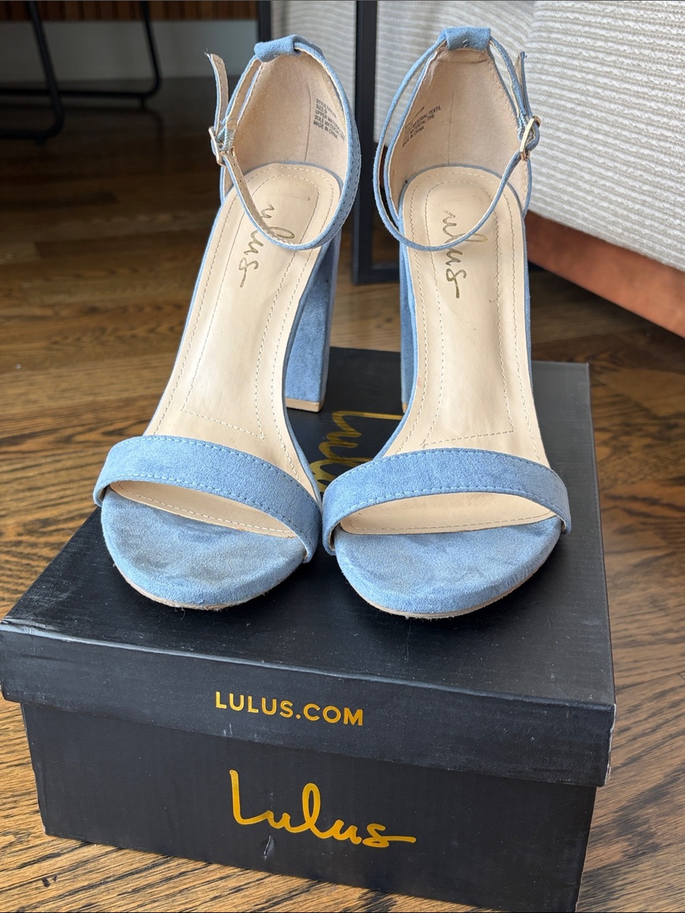 Lulu's Light Blue Suede Block Heel Sandals with Ankle Strap - Picture 2 of 7